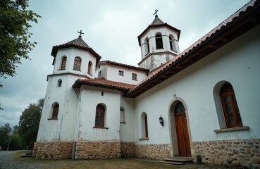Obraz premium Exterior view of church in Europe. Christian religion landmark with towers crosses on building top. Architecture of old stone cathedral attracts tourists and pilgrims in travel journey vacation.