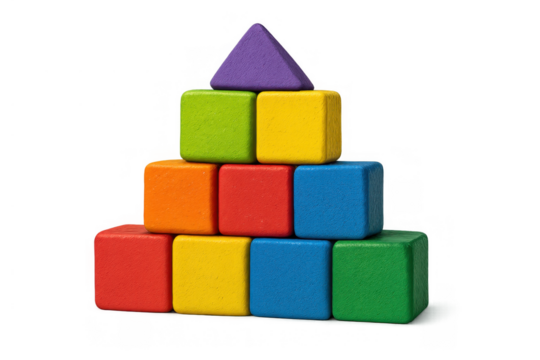 Building colorful wooden toy blocks forming a pyramid, stacking shapes for early childhood education, transparent background - Powered by Adobe