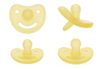 Yellow baby pacifiers set in various angles and positions on transparent background, infant soothers collection