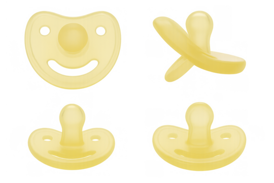 Yellow baby pacifiers set in various angles and positions on transparent background, infant soothers collection