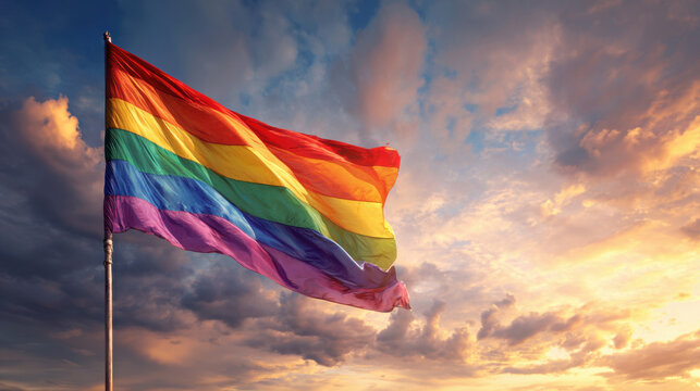 Rainbow pride flag waving against dramatic sunset sky with colorful clouds and warm light