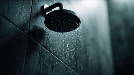 Close-up of a modern showerhead with water spraying over dark tiled walls. The scene captures the soothing flow of water and the serene bathroom ambiance.