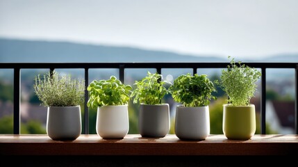 A row of vibrant potted herbs sits on a balcony railing. Fresh greenery in minimalist pots creates a modern urban garden scene with basil, parsley, and more.