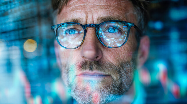 Thoughtful man with glasses staring intently with reflections of digital data and colorful lights symbolizing focus on technology and innovation