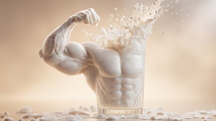 Obraz premium A glass of milk transforms into a muscular arm and torso, symbolizing strength and nutrition. This surreal image highlights the power and protein benefits of milk.