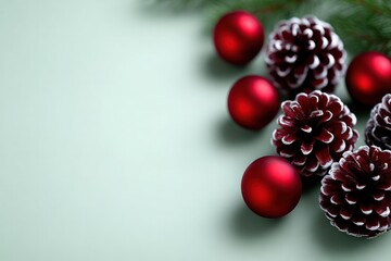 Festive Ornamentation: A collection of vibrant red spherical ornaments and frosted pinecones, adorned with fresh greenery, on a serene surface, evoking the holiday season's essence.