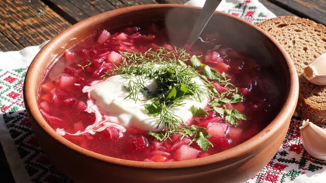 steaming, vibrant bowl of traditional Ukrainian Borsch (borscht) soup, topped with a dollop of sour cream, fresh dill, and parsley, served outdoors on a wooden table 
