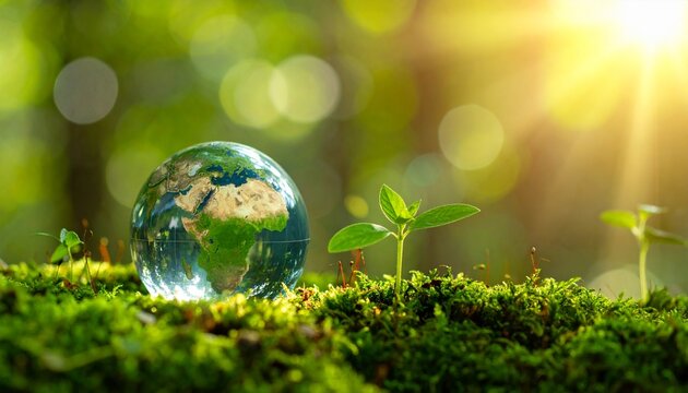 森の中で小さなガラスの地球が太陽の光を受けて輝く情景