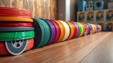 Rolls of 3d printer filament stacked in a row on a wooden table with vibrant colors