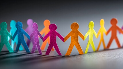 Colorful paper cutout people figures linked hand in hand forming a vibrant chain symbolizing unity, diversity, and community connection on gray background