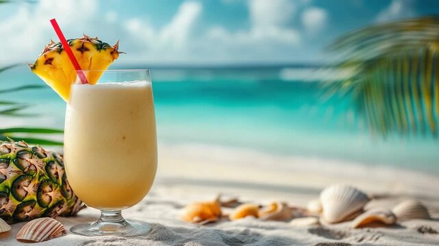 Cool pina colada on white sand beach, garnished with pineapple and seashells, turquoise ocean backdrop for a tropical Christmas holiday escape and relaxing seaside vacation