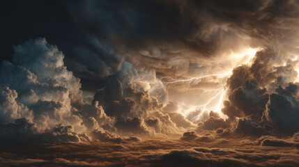 Obraz premium Dramatic thunderstorm cloudscape with lightning illuminating towering cumulonimbus and turbulent sky, moody lighting and intense atmosphere conveying power and drama