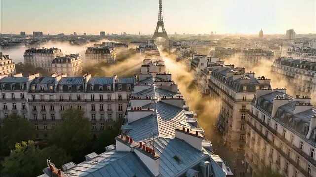 Eiffel Tower emerging from morning mist over Parisian rooftops at sunrise