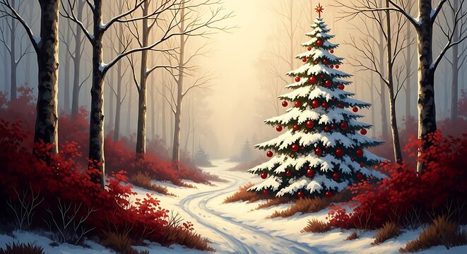 A solitary snow covered evergreen tree stands adorned with red ornaments on a winding path through a winter forest bathed in soft golden light