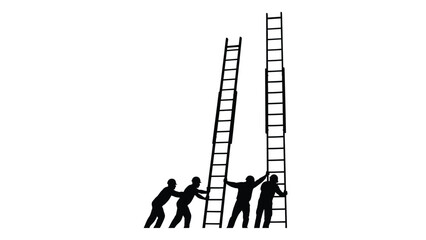 Teamwork raising ladders silhouette isolated on white background, Vector