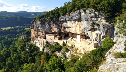 Fototapeta premium A scenic panoramic image shows an ancient dwelling carved into the side of a cliff face overlooking a lush green valley
