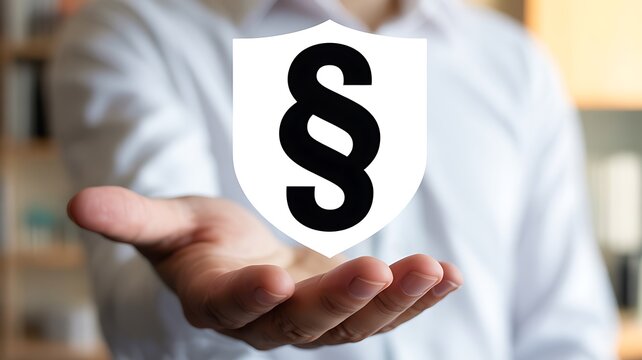 A person s open hand is extended forward presenting a white shield with a black paragraph symbol representing legal protection justice and security - Powered by Adobe