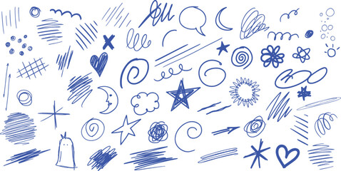 Blue pen scribble and doodle collection. Blue pen lines, arrows and scribbles at grid notebook background. Crayon drawn note doodles for hand drawn diagram, infographic and journaling. © Graphicsworld
