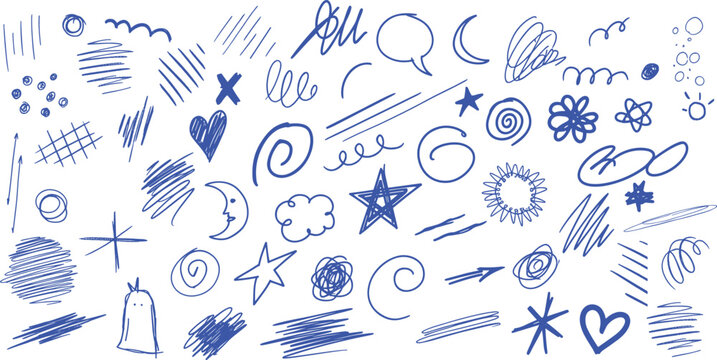Blue pen scribble and doodle collection. Blue pen lines, arrows and scribbles at grid notebook background. Crayon drawn note doodles for hand drawn diagram, infographic and journaling.