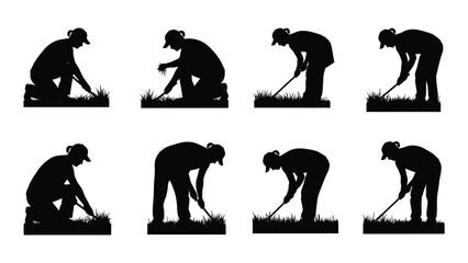 Gardening and weeding silhouettes isolated on white background, Vector