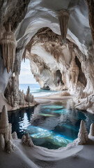 Hyper-realistic fantasy cave interior featuring glowing lake reflections and dramatic stalactites. Atmospheric, detailed environment ideal for concept art and digital backgrounds.