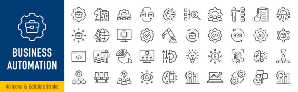 Business automation web icons in line style. AI integration, finance automation, data analytics, business model, cloud, infographic. Editable stroke. Vector illustration.
