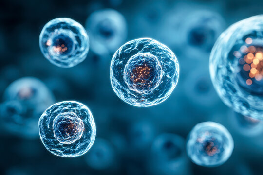 Digitally rendered blue human cells with glowing nuclei floating in a soft-focused environment representing biological science and microscopic life exploration