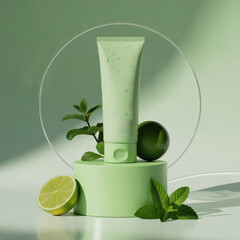 Green skincare tube on a green podium with lemon and mint, including a half lemon and mint leaves on the ground. Fresh, clean, citrus-themed product composition