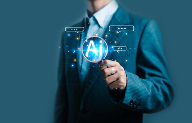 Businessman interacting with a glowing AI interface, symbolizing artificial intelligence, automation, machine learning, and modern digital technology. Perfect for tech innovation, data solutions.
