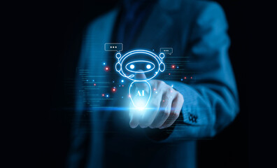 Futuristic AI chatbot interface glowing in blue as a businessman interacts with a virtual assistant. Ideal for technology, automation, customer service, digital communication, innovation.