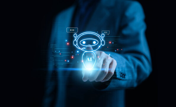 Futuristic AI chatbot interface glowing in blue as a businessman interacts with a virtual assistant. Ideal for technology, automation, customer service, digital communication, innovation. - Powered by Adobe