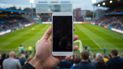 Close up of a hand holding a smartphone with a blank screen in front of a blurred soccer stadium with spectators watching a game on a sunny day