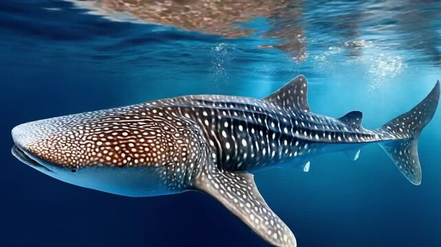 Whale Shark Underwater: A majestic whale shark glides gracefully beneath the tranquil ocean surface, its enormous body adorned with a unique pattern of spots.