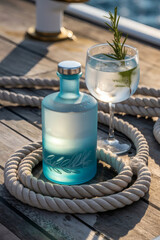 Gin bottle surrounded by thick rope, with a glass of drink and a fresh herb placed behind it. Clean studio setup with a rustic, premium beverage presentation