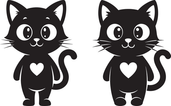 Cute cartoon black cat couple silhouette with hearts