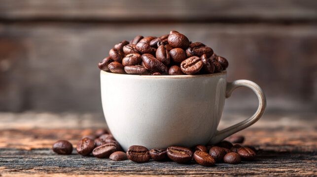 Ceramic cup overflowing with roasted coffee beans on rustic wooden surface highlighting rich texture and warm natural tones for cozy beverage concept