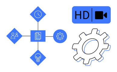 Fototapeta premium Workflow diagram with connected icons for team, clock, document, gear, bulb, and HD video. Ideal for project planning, teamwork, time management innovation efficiency media simple flat metaphor