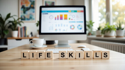 Practical life skills training scene with home office analytics screen plus letter blocks text, ideal for online personal growth courses, coaching materials on productivity habits and daily decisions