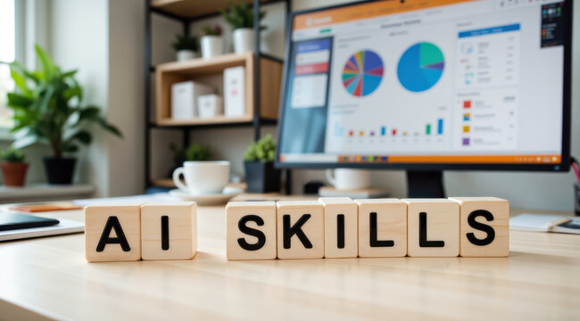 Workplace AI upskilling showcase featuring AI skills text blocks with analytics dashboard in background, ideal for corporate training content and business leaders promoting AI literacy initiatives