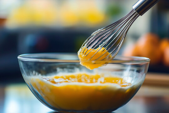 Detailed shot of whisking eggs and sugar in a glass bowl, motion blur on the whisk, clean modern kitchen in soft focus background.
