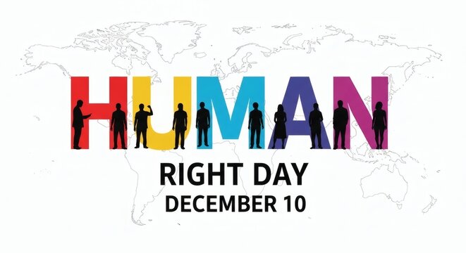 Human rights day december 10th with diverse people and world map background
