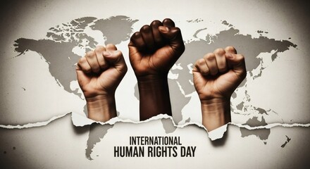 Diverse fists raised in unity over world map for human rights day