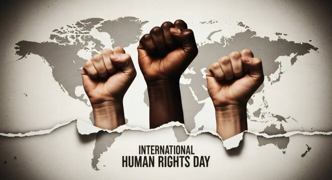 Diverse fists raised in unity over world map for human rights day