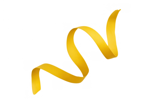 Yellow curling ribbon floating against a transparent background, symbolizing celebration and event decor