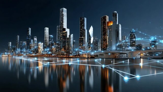 Cityscape Connectivity: Modern metropolis skyline at night, networked with glowing data streams, evoking technological advancement and urban infrastructure. 