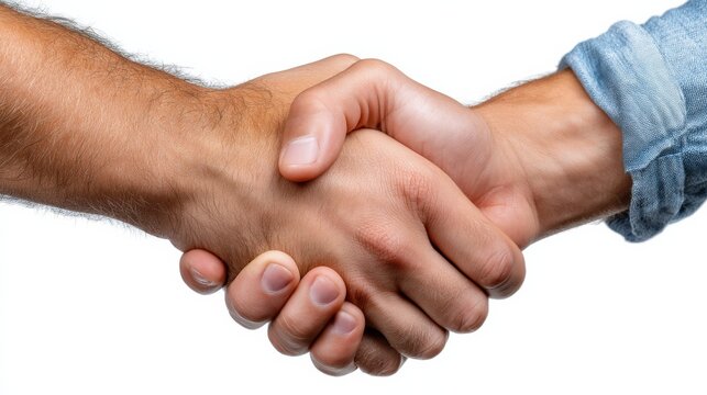 Close-up of two hands engaged in a handshake against a white background, symbolizing agreement and collaboration