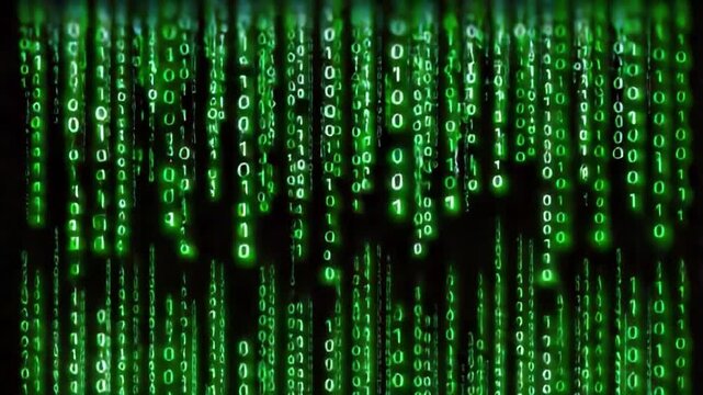 Binary Code Cascading: Digital rain of binary code, a vibrant visual of zeros and ones cascade against a dark background, representing the intricate network of data and technology.