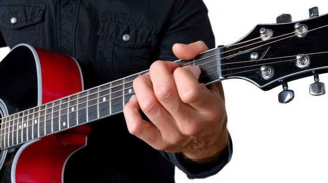 Close-up of a human hand skillfully playing guitar chords on a red acoustic guitar against a white background - Powered by Adobe