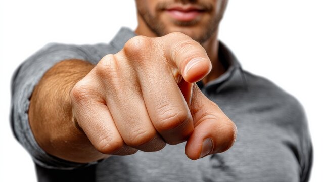 Close-up of a human hand pointing forward with an assertive gesture against a white background