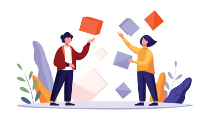 Modern digital illustration depicting two diverse coworkers engaged in a collaborative discussion possibly brainstorming ideas or problem solving in a professional office environment